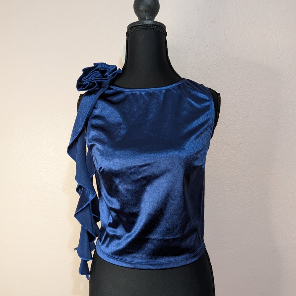Regencycore Royal Blue Satin Rosette Sash Crop Top Size Medium - Picture 2 of 8